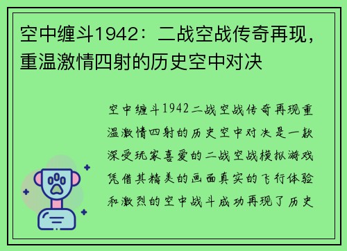 空中缠斗1942：二战空战传奇再现，重温激情四射的历史空中对决